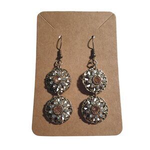 Rhinestone Double Circle Gold Tone Dangle Earrings Hook Fashion Jewelry Vintage
